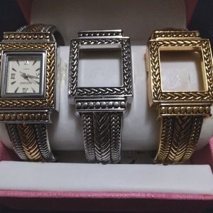Interchangeable bangle watch set, 3 bands, silvertone, goldtone, silver/goldtone